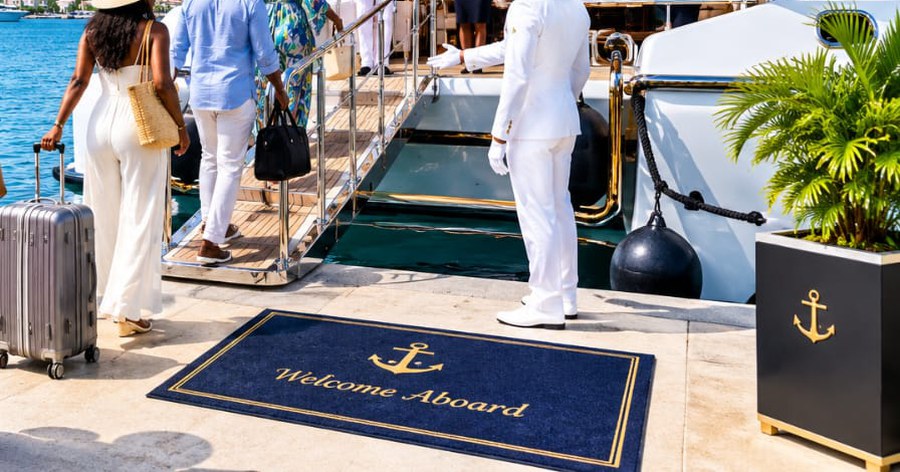 Tapis Welcome Aboard et accueil des invités par l'équipage